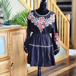 Havana Jane Floral Embroidered Black Western Swing Dress Sz Small Lined Skirt